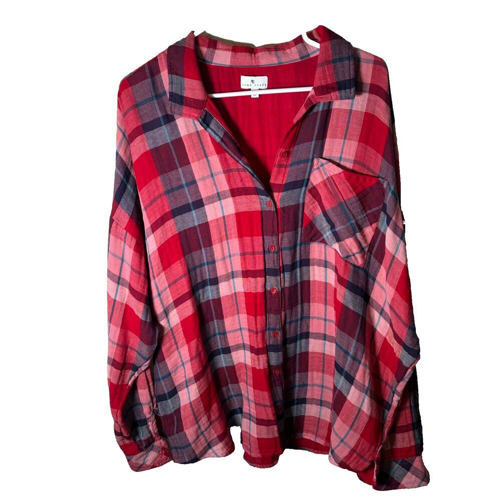 True Craft Shirt Women's XL Plaid Button Up Lined Collared Red Blue Casual Top